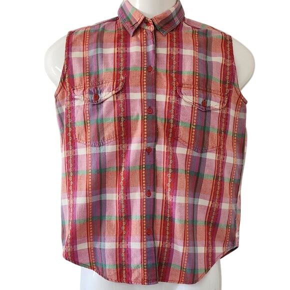Details Tops - Details Sportswear Red, Green Pink and Purple Plaid Sleeveless Blouse Women's SM